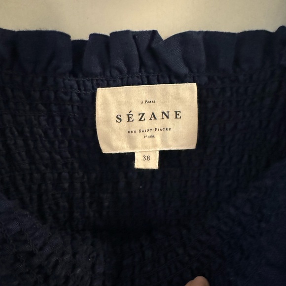 Sezane Navy Smocked Linen Blend Dress size 38 (6) - Picture 3 of 15